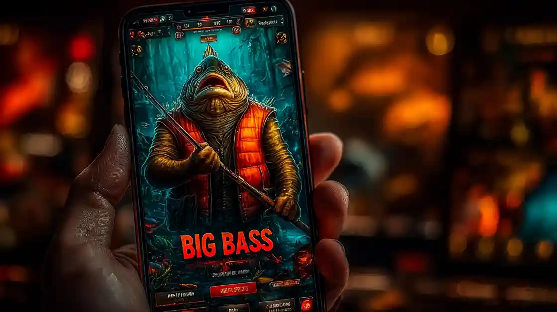 A close-up of a hand holding a smartphone showcasing a BIG BASS fishing game, featuring an anthropomorphic fish character, highlighting the engaging casual games on bgd22.
