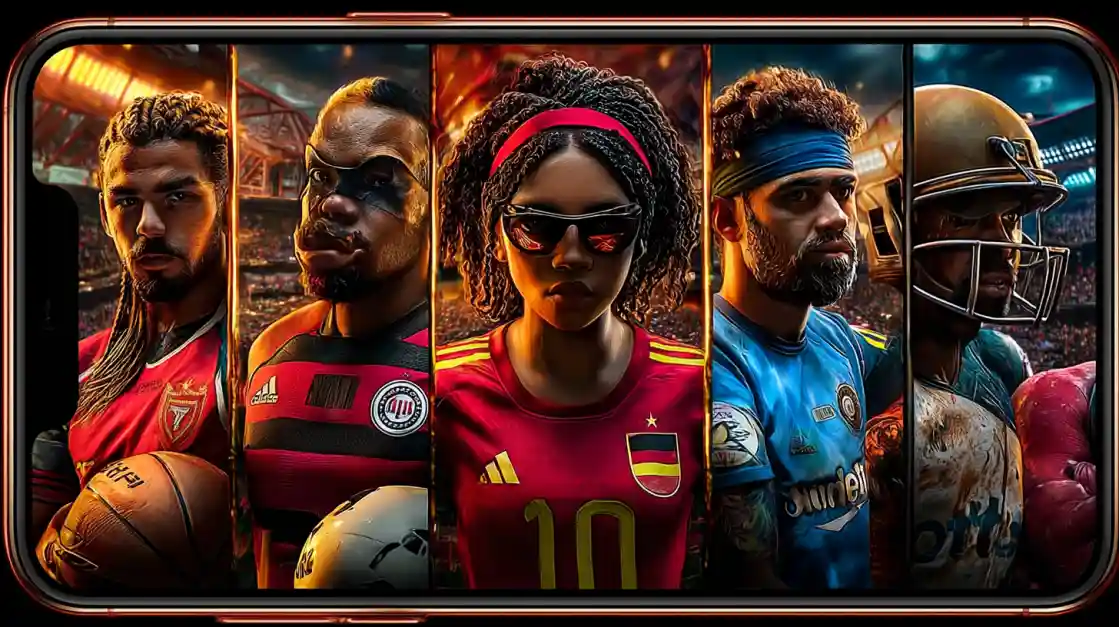 A smartphone screen displays a powerful collage of diverse male and female athletes from various sports, including football and soccer, representing the comprehensive sports betting options at bgd22.