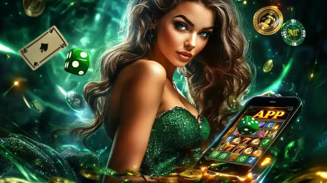 An enchanting woman with flowing hair, adorned in green, gazes captivatingly, surrounded by floating cards, dice, and coins, alongside a smartphone featuring the bgd22 gaming app.