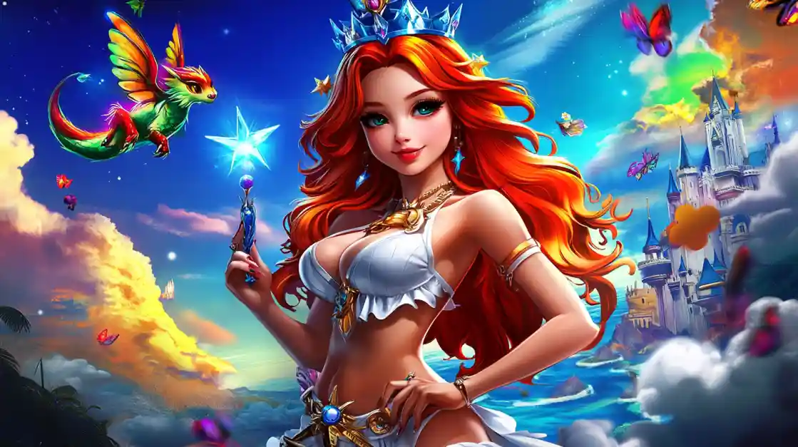 A vibrant fantasy scene featuring a beautiful princess with fiery red hair and a crown, holding a magic wand, with a small winged dragon and a fairytale castle in the background, embodying the magical world of bgd22.
