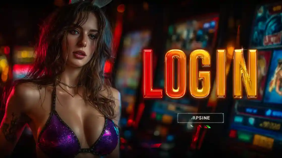 A captivating woman in a shimmering top stands beside a prominent LOGIN interface, with bgd22 slot machines softly blurred in the background, inviting users to enter the world of bgd22.
