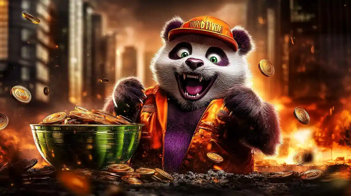 A cheerful panda character wearing an orange cap and jacket, surrounded by golden coins and a bowl of money, symbolizing wealth and good fortune with bgd22.