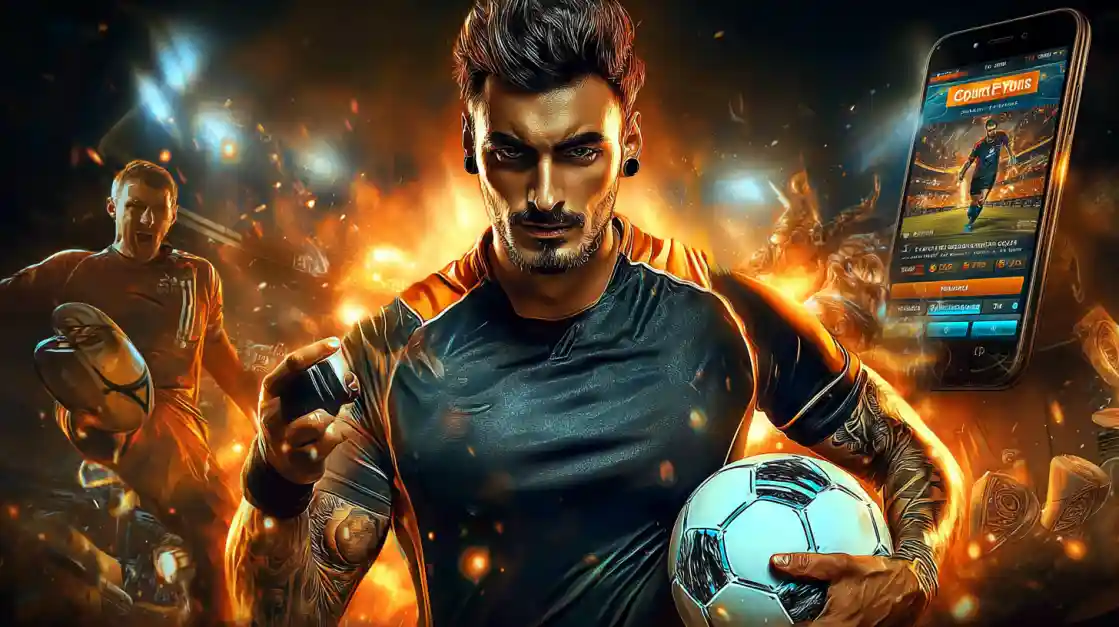An intense male soccer player with tattoos holds a football, looking confidently at the camera with a bgd22 sports betting app on a phone beside him, all set against a fiery action background.