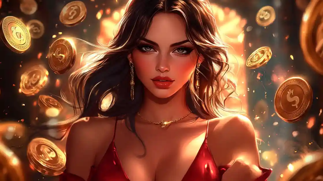 A stunning woman in a red dress, adorned with delicate jewelry, looks directly at the viewer as a shower of golden bgd22 coins rains down around her, symbolizing big wins.