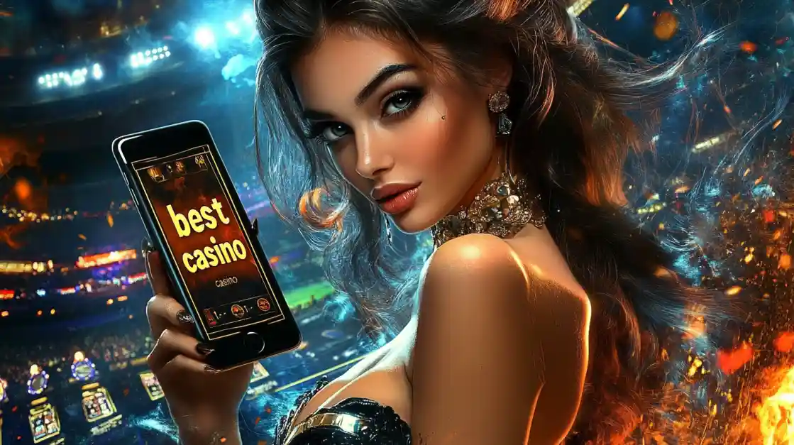 An alluring woman holds a smartphone with the best casino app from bgd22 glowing on the screen, set against the backdrop of a brightly lit stadium and ambient flames.