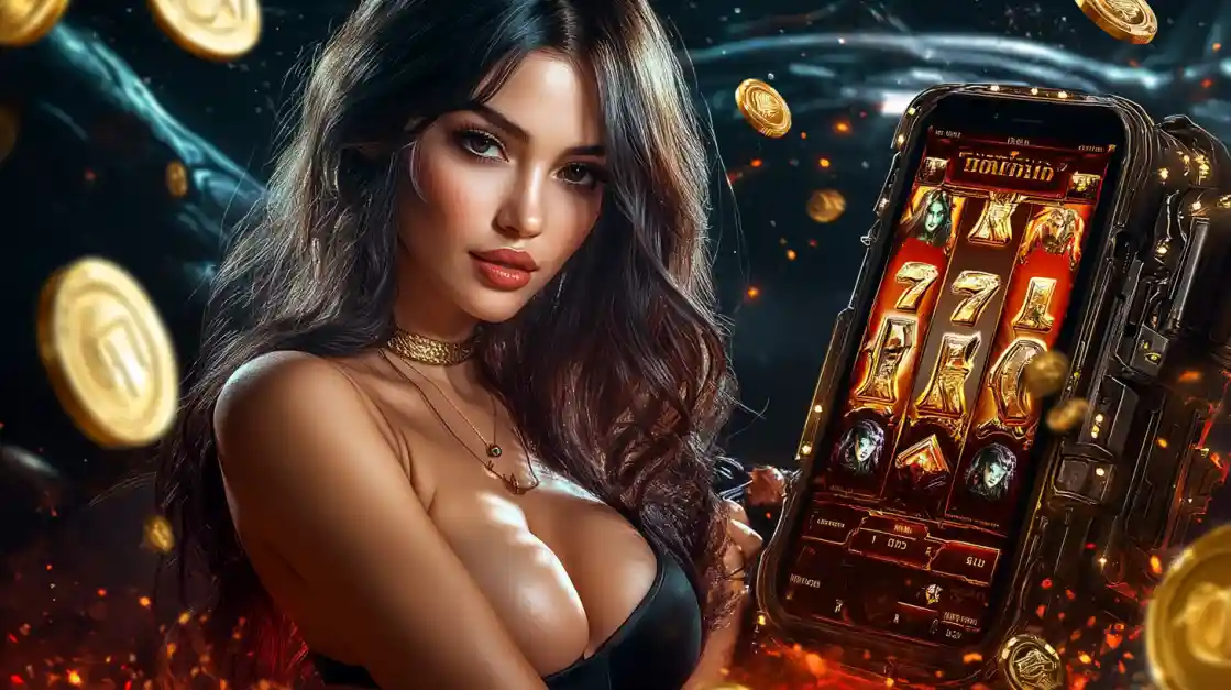 A beautiful woman in a black top looks confidently at the viewer while holding a smartphone displaying a bgd22 mobile slot game with 777 symbols and golden coins.