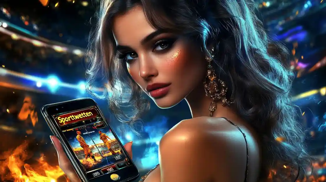 A glamorous woman with elegant makeup looks over her shoulder, holding a smartphone displaying the bgd22 sports betting app against a vibrant stadium backdrop with fire effects.
